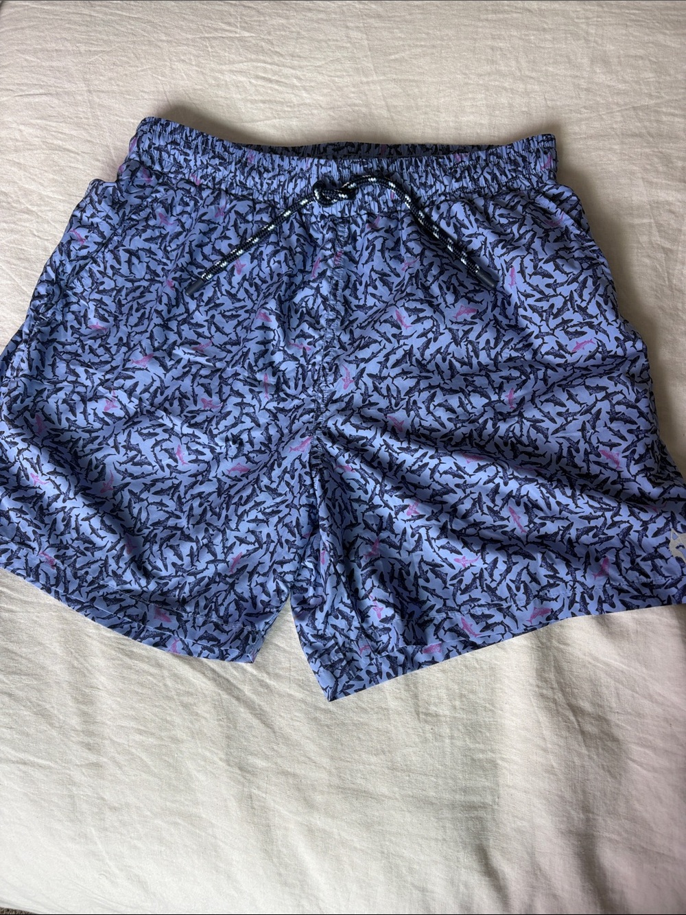 Greyson Blue Shark-Print Swim Trunks with Pink Accents
